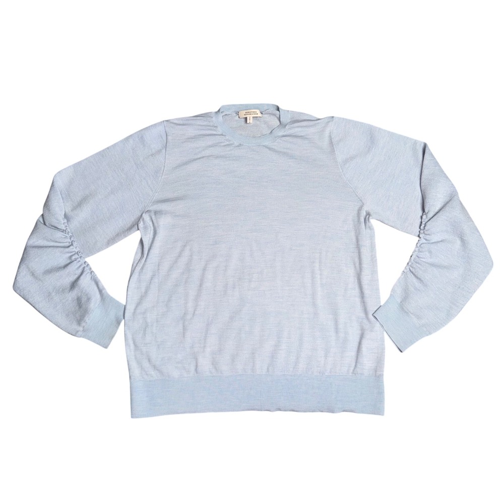 Dorothee Schumacher Sweater Womens 5/XL Blue Good Merino Wool Ruched Sleeve Knit